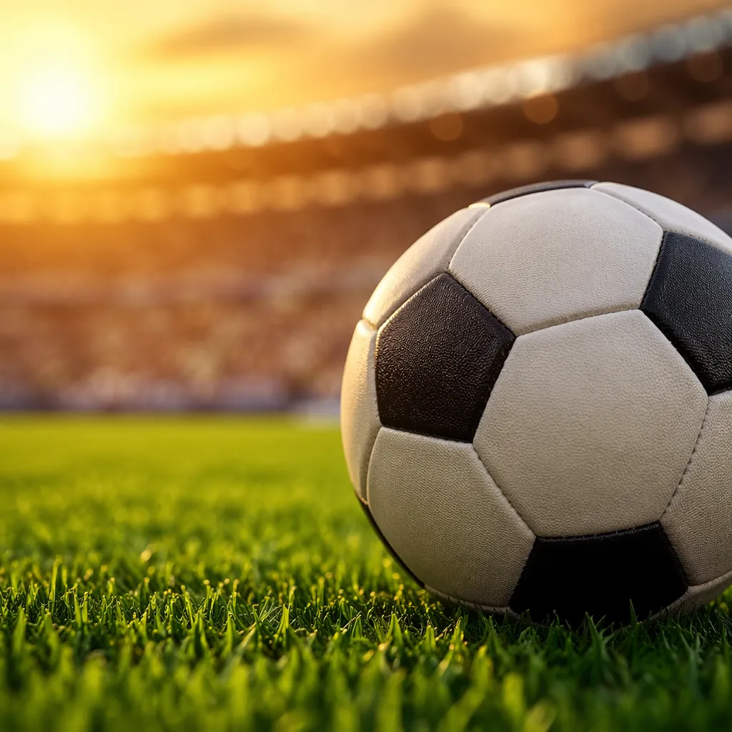 Close up shot of a standard football on a well-maintained green pitch, blurred s