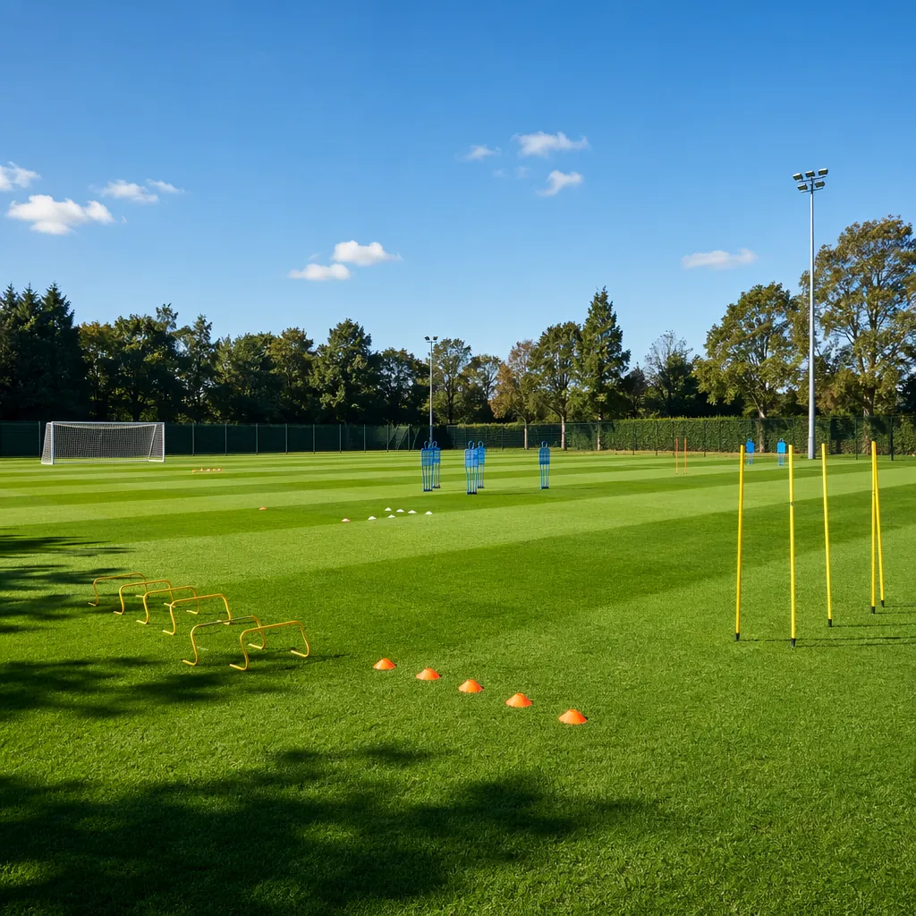 Wide shot of a football training pitch with green grass, cones and training equi