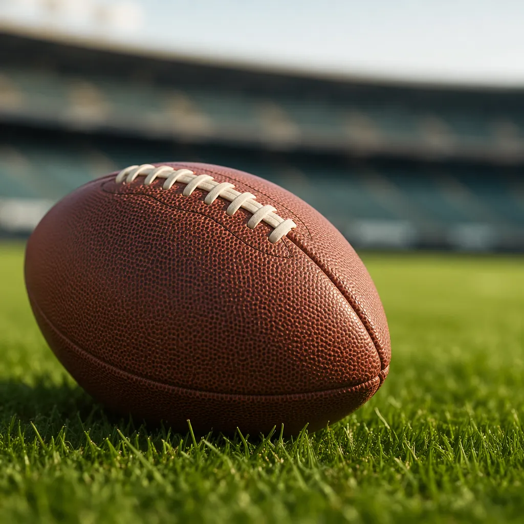 Close-up of a traditional football resting on green grass, blurred stadium in th