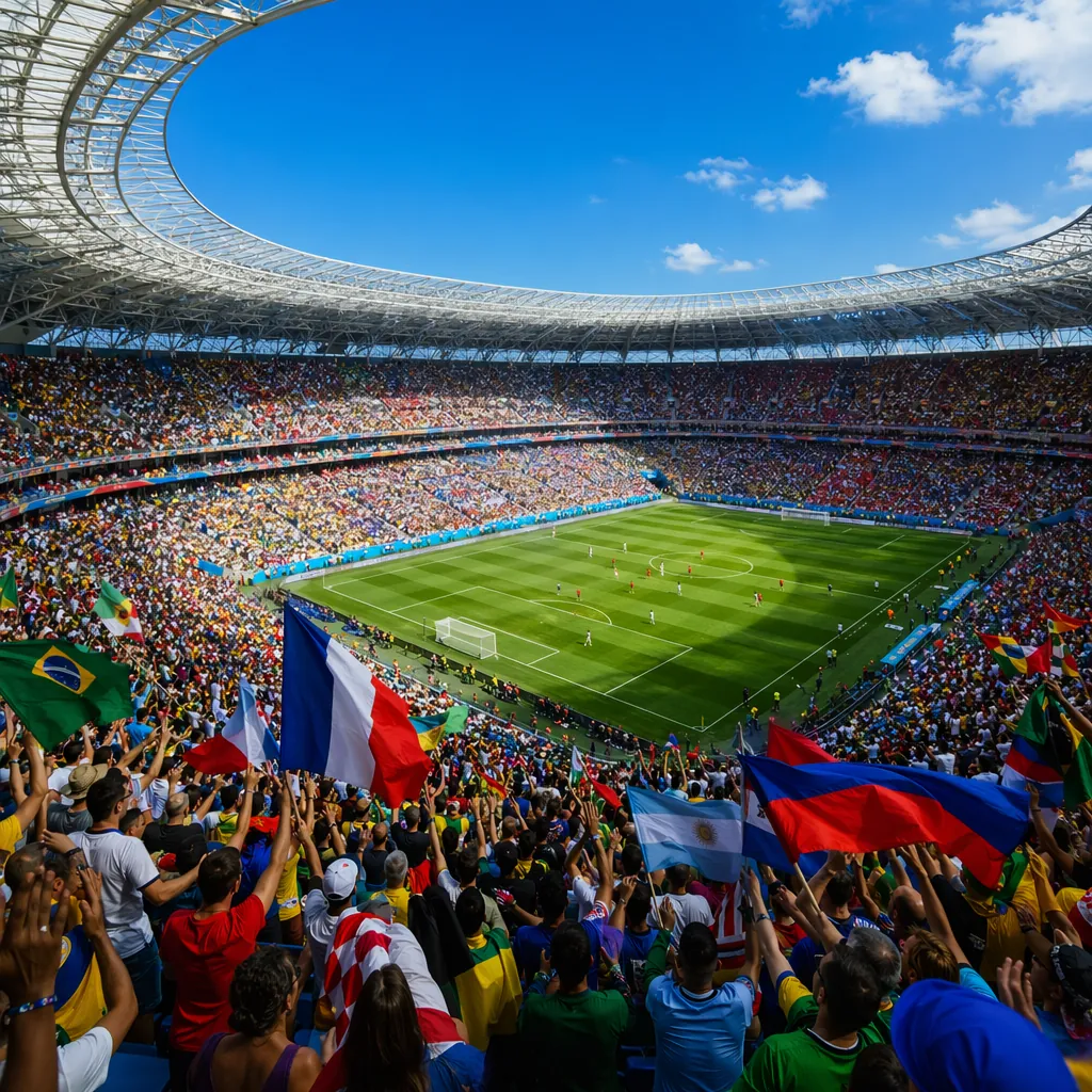 Wide shot of a modern World Cup football stadium filled with cheering fans, colo