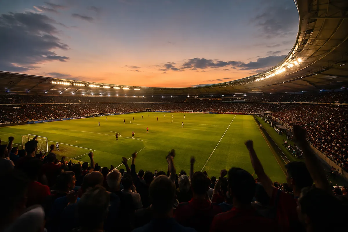 Editorial style wide shot of a modern soccer stadium at dusk, blurred silhouettes of playe
