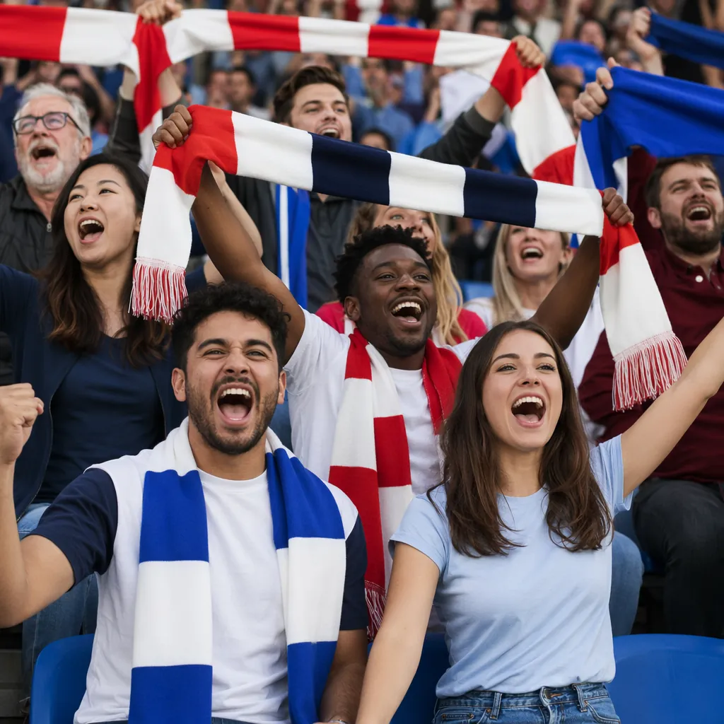 Medium shot of a group of diverse fans holding generic scarves cheering in stadi