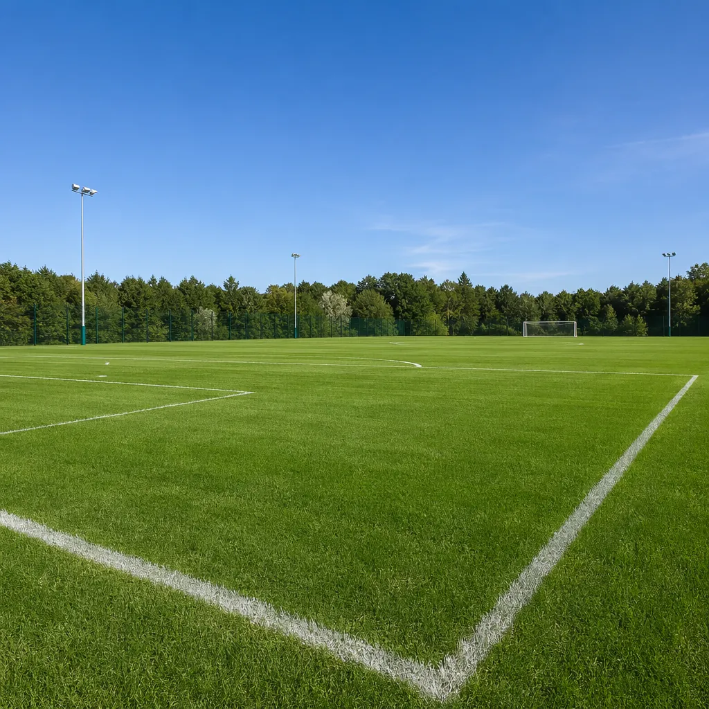 Empty green football training pitch under clear blue sky, neutral sports photogr