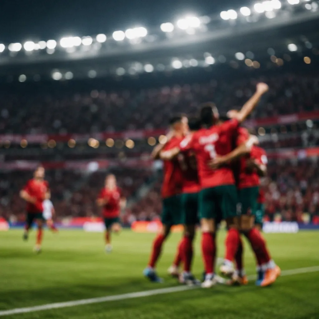 Blurred shot of football players celebrating a goal from a distance, no distingu