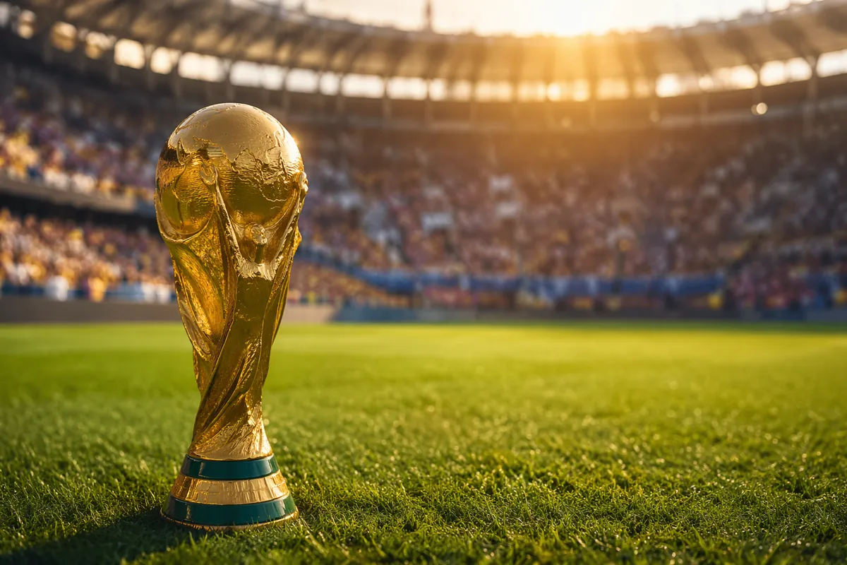 Editorial style sports header image of a golden World Cup trophy placed on a pristine gree