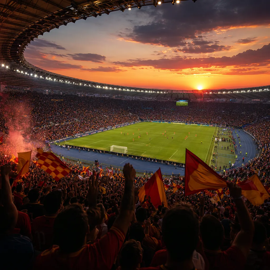 Wide atmospheric shot of a modern football stadium filled with cheering fans dur